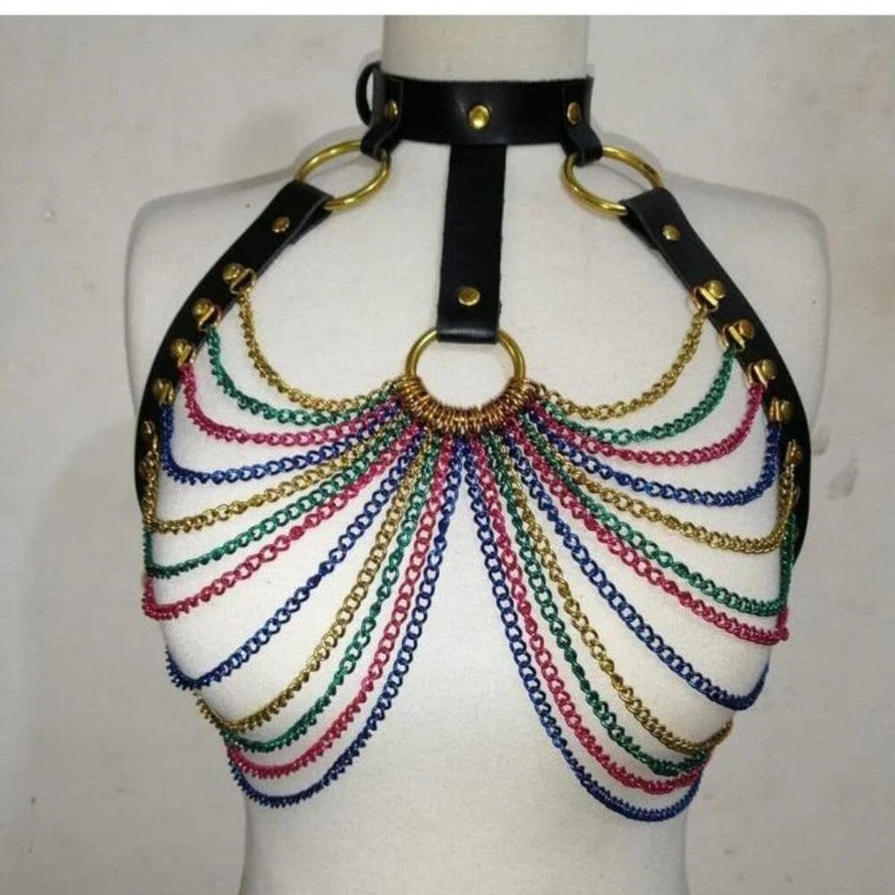 Black Faux Leather & Rainbow Metallic Chain Harness